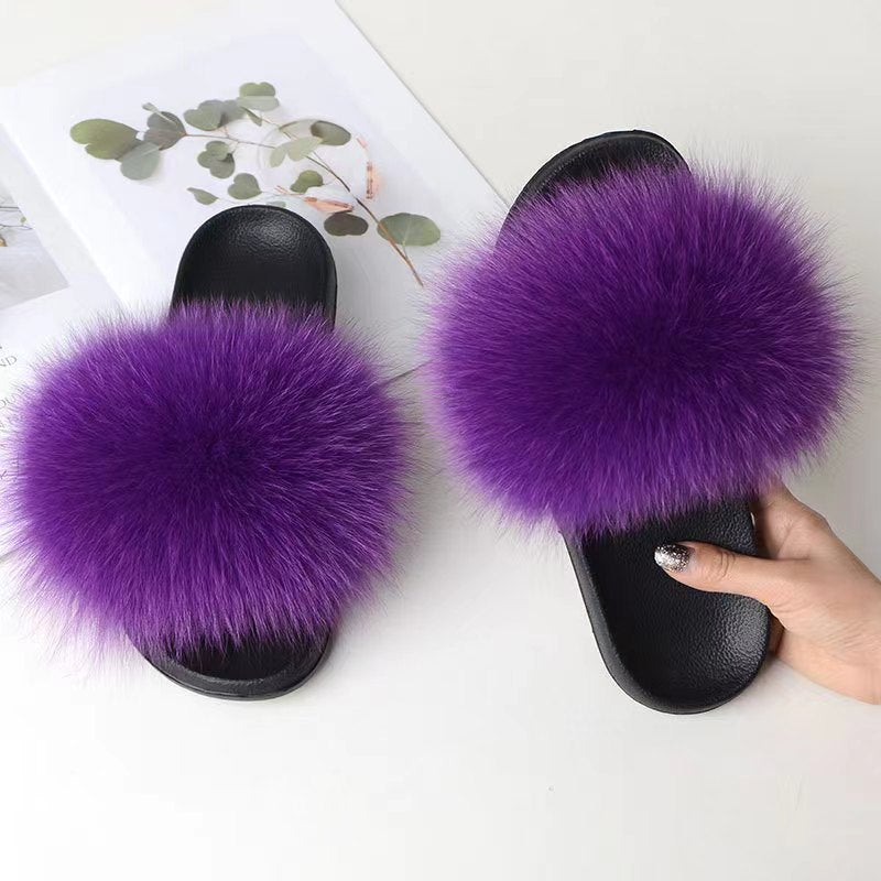 Women Real Fox Fur Slippers Women Flat Non-slip Fashion Fur Slides
