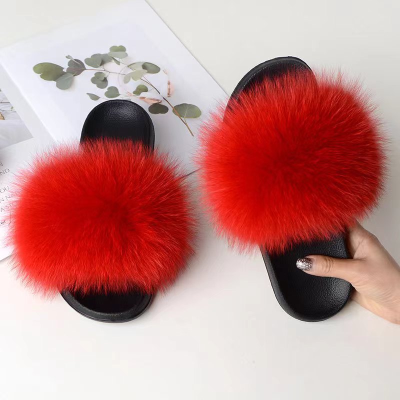 Women Real Fox Fur Slippers Women Flat Non-slip Fashion Fur Slides