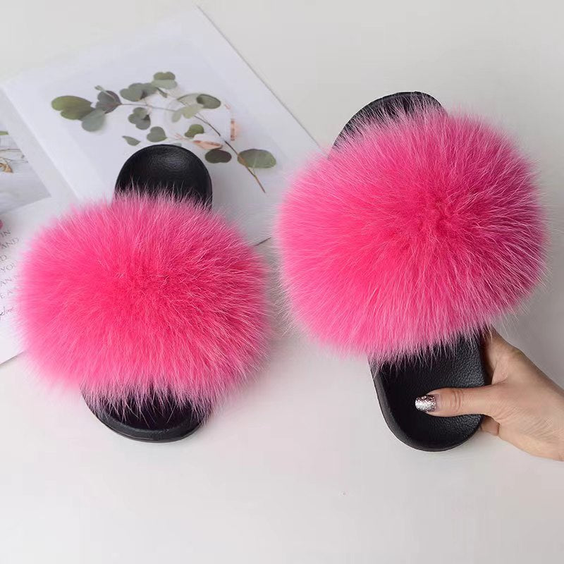 Women Real Fox Fur Slippers Women Flat Non-slip Fashion Fur Slides