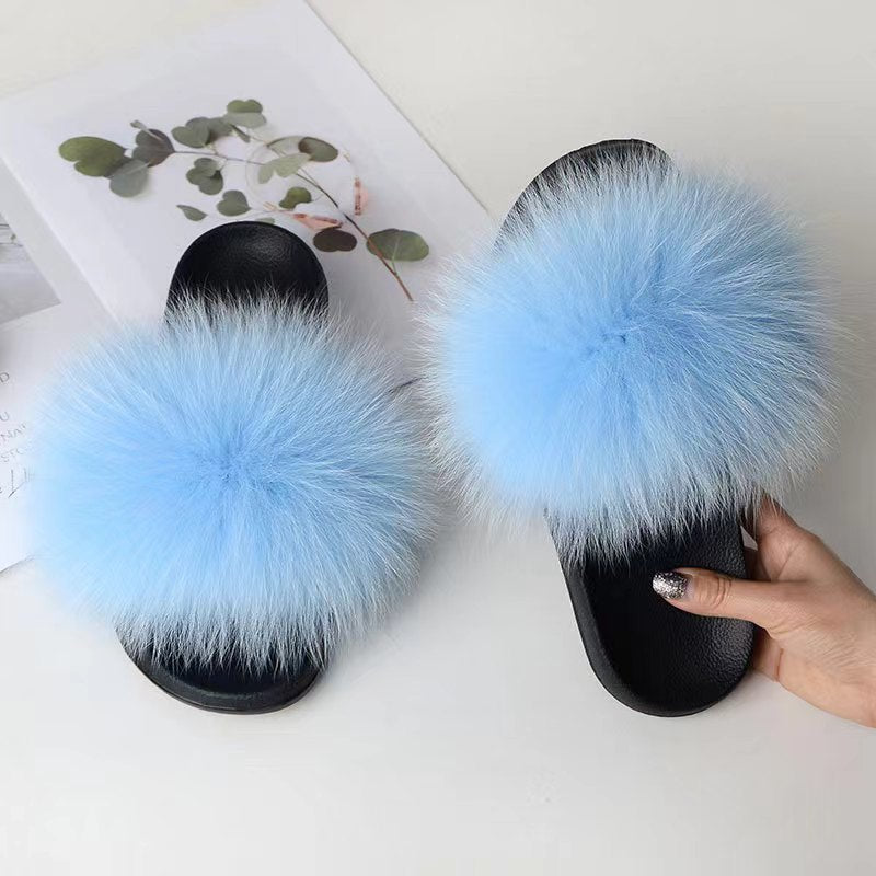Women Real Fox Fur Slippers Women Flat Non-slip Fashion Fur Slides