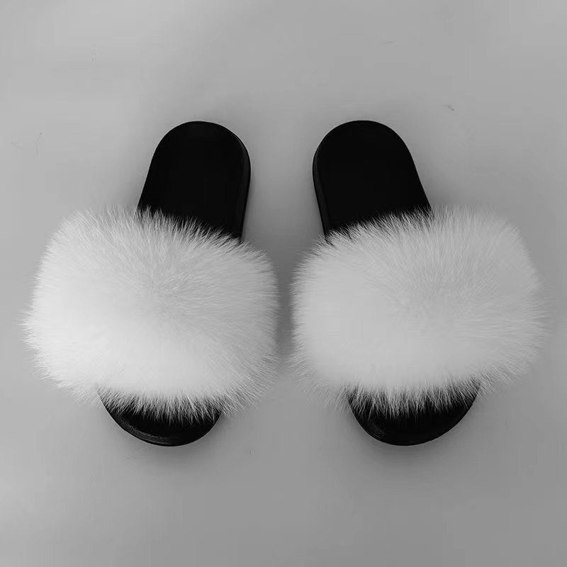 Women Real Fox Fur Slippers Women Flat Non-slip Fashion Fur Slides