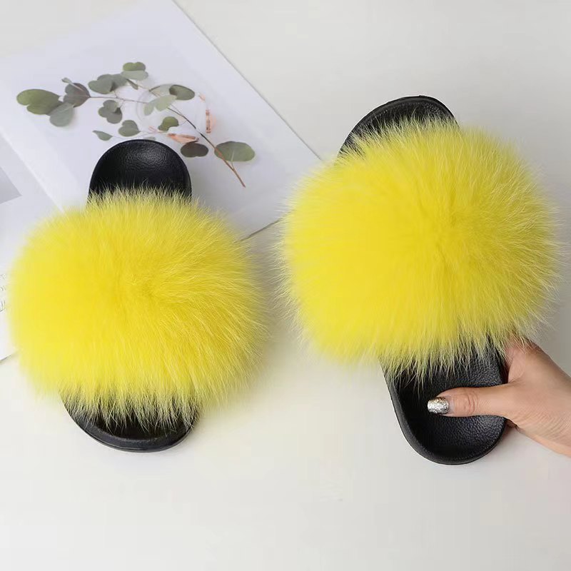 Women Real Fox Fur Slippers Women Flat Non-slip Fashion Fur Slides