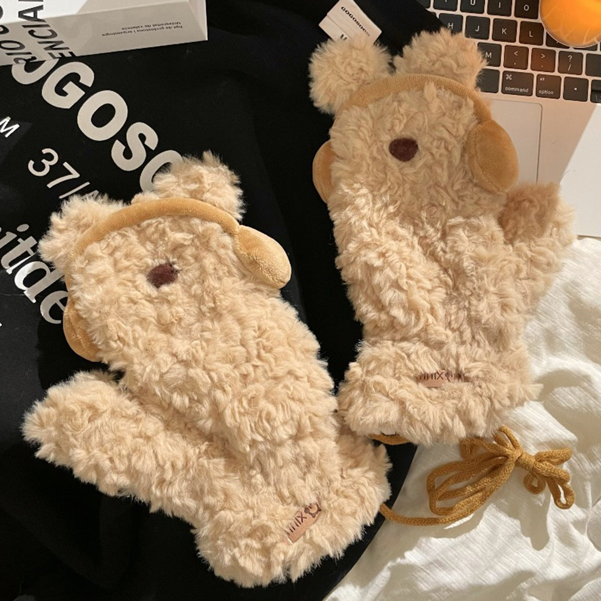 Cute Earphones Bear Plush Mittens