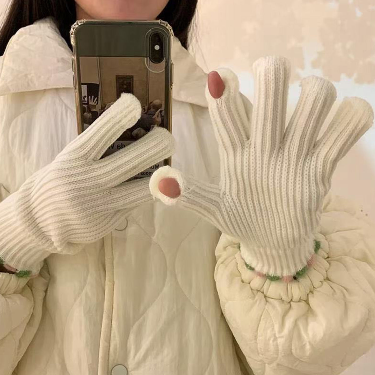 Knitted gloves for women thickened touch screen split finger gloves