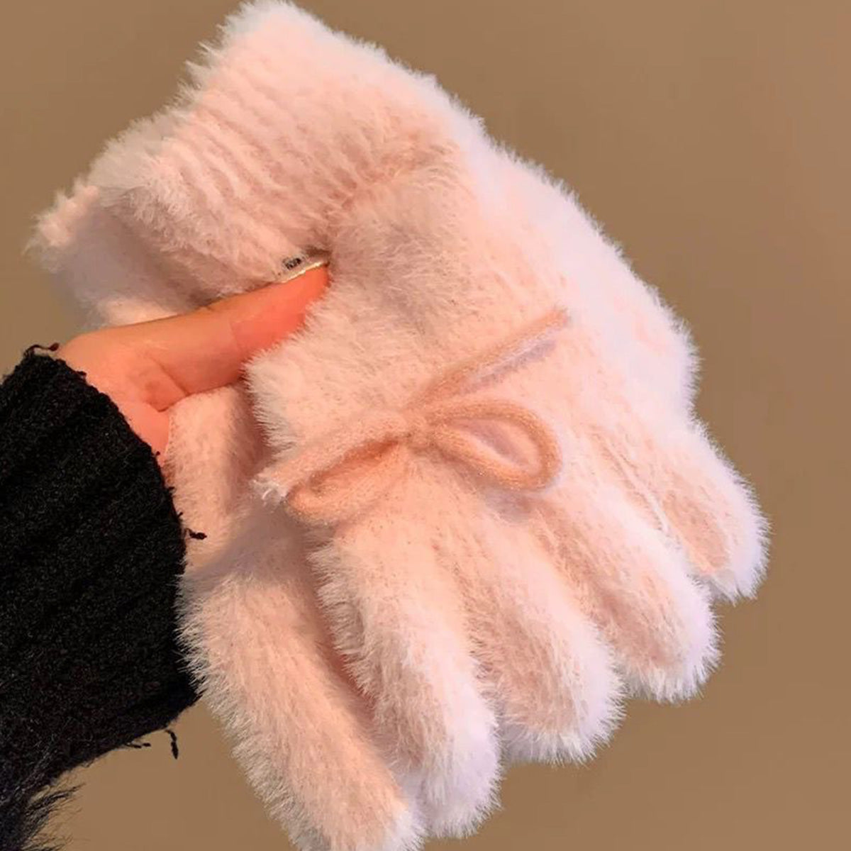 Blue Pink Plush Knitted Gloves for Women Bow-knot Thickened Gloves for Winter