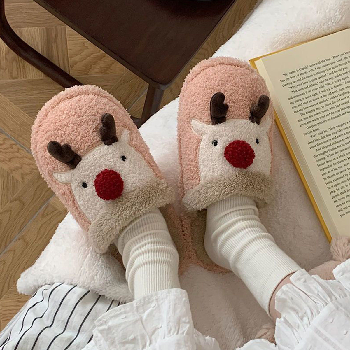 Winter Christmas Elk Plush Slippers Non-Slip Cotton Slippers