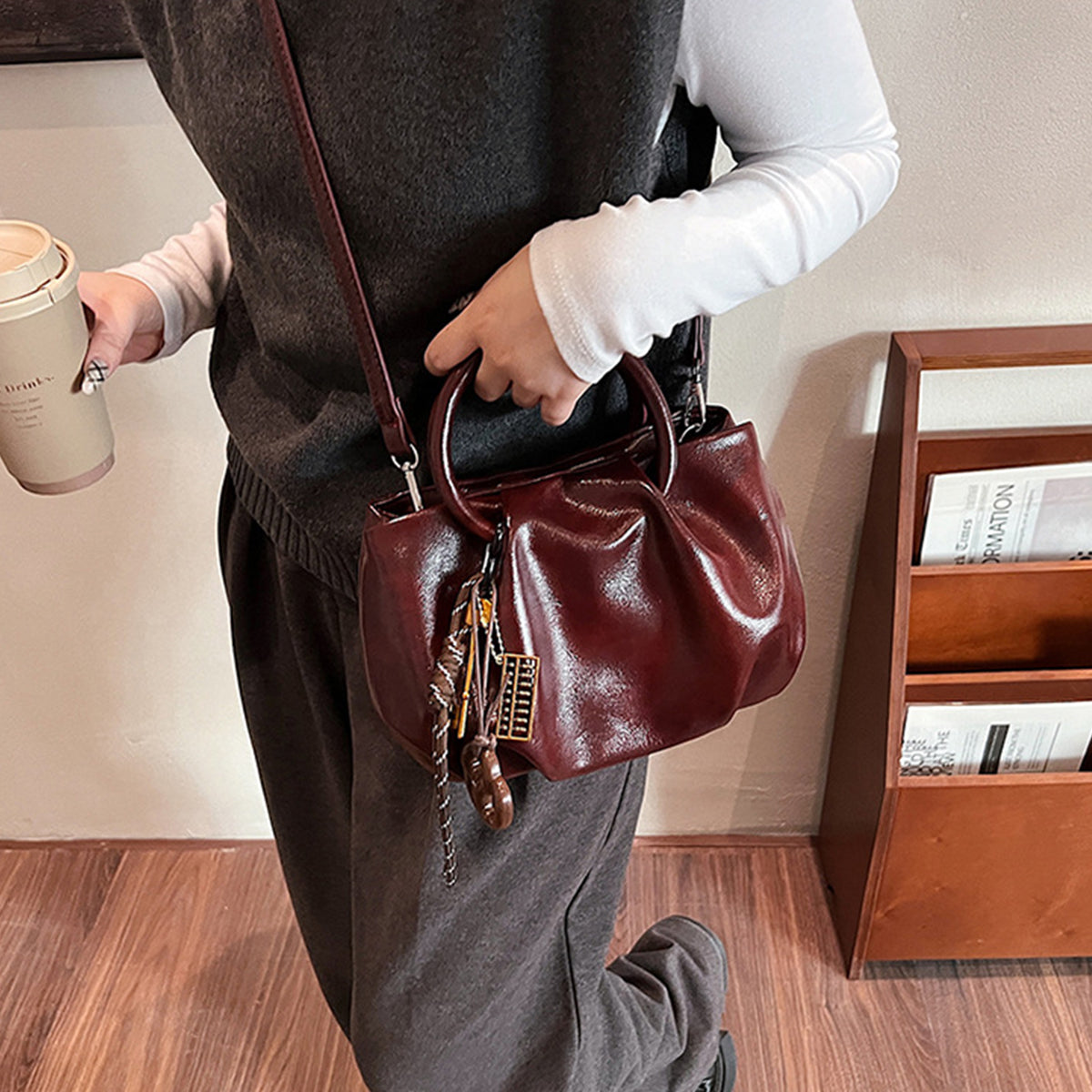 Wrinkled Tote Bag Waxed Leather Shoulder Crossbody Bag