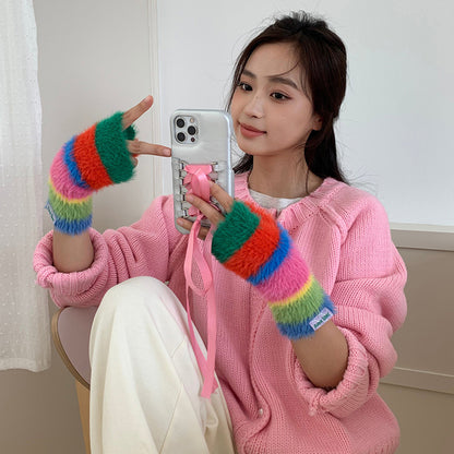 Casual Rainbow Striped Warm Gloves