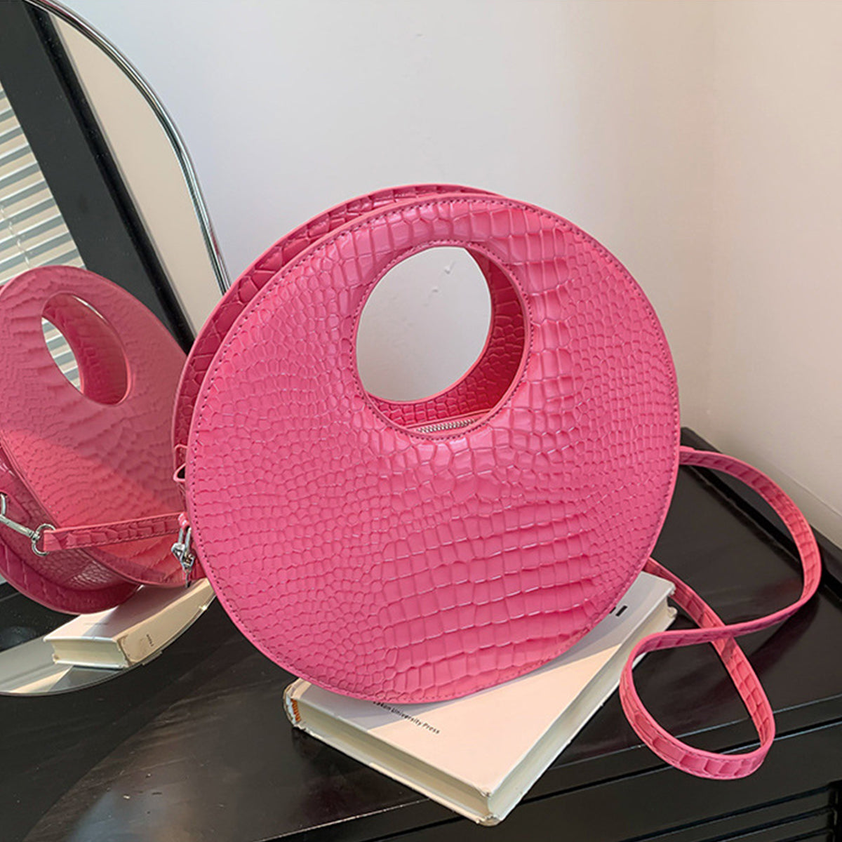 Round Patent Leather Shiny Stone Tote Bag
