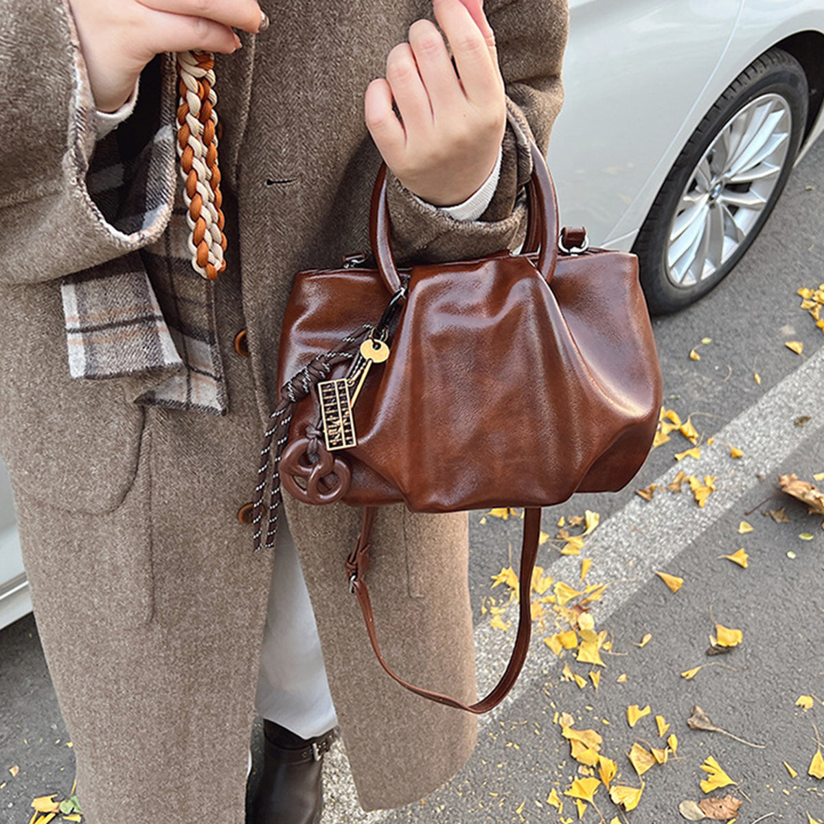 Wrinkled Tote Bag Waxed Leather Shoulder Crossbody Bag