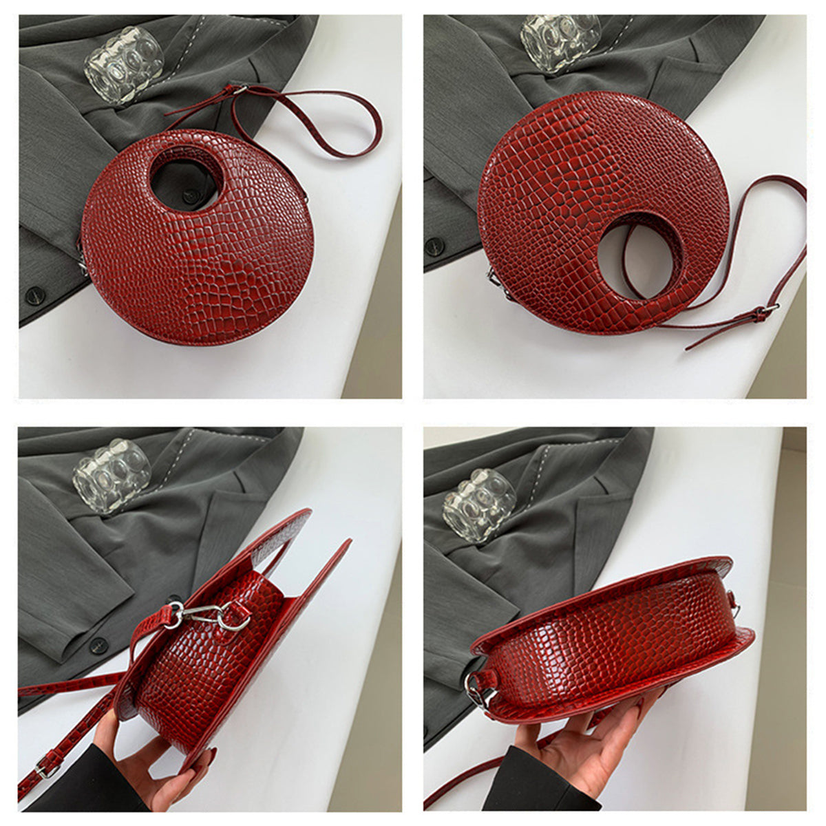 Round Patent Leather Shiny Stone Tote Bag