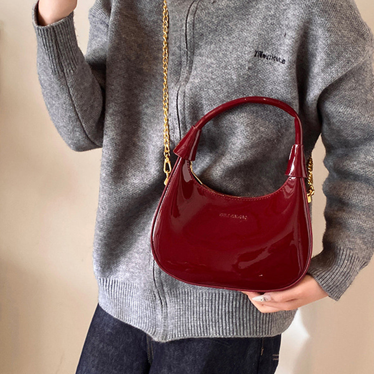 Burgundy Patent Leather  Handbag U-shaped Dumpling Bag