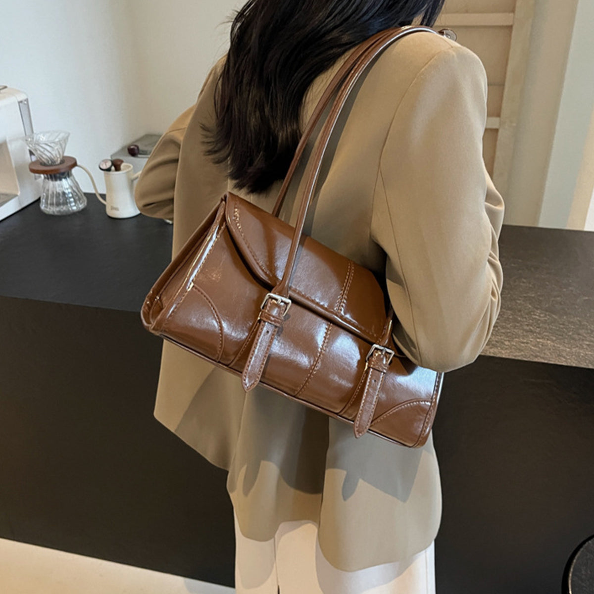 Wax Leather Shoulder  Underarm Bag Hand Baguette Bag