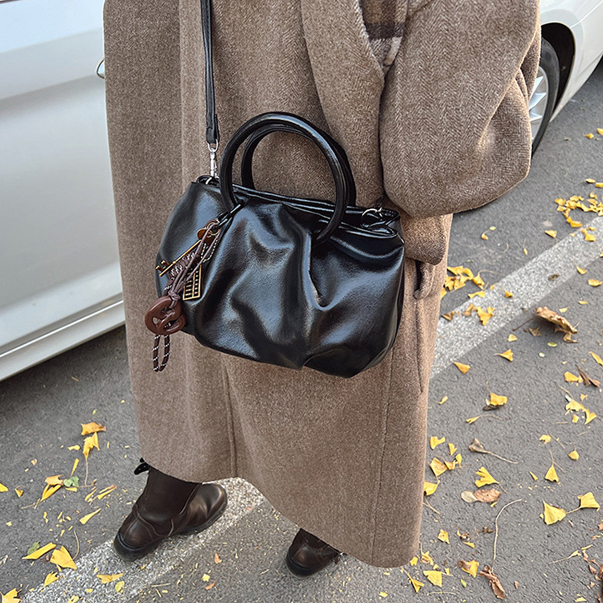 Wrinkled Tote Bag Waxed Leather Shoulder Crossbody Bag