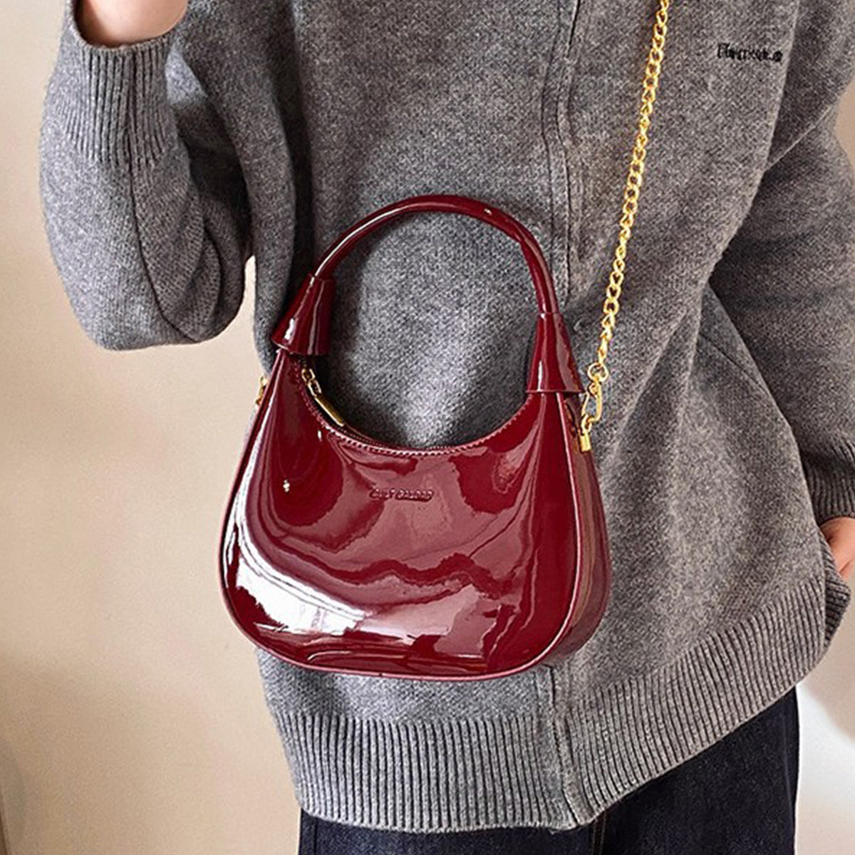 Burgundy Patent Leather  Handbag U-shaped Dumpling Bag