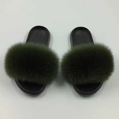 Women Real Fox Fur Slippers Women Flat Non-slip Fashion Fur Slides
