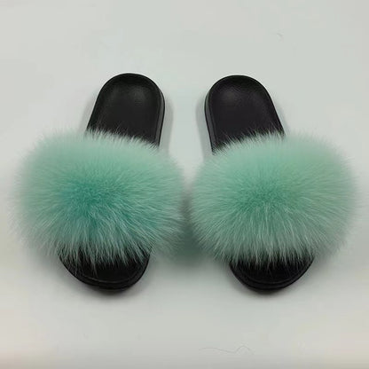 Women Real Fox Fur Slippers Women Flat Non-slip Fashion Fur Slides