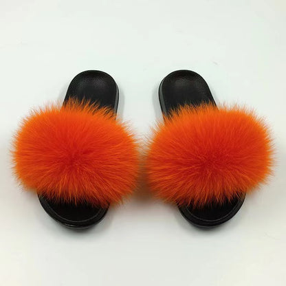 Women Real Fox Fur Slippers Women Flat Non-slip Fashion Fur Slides