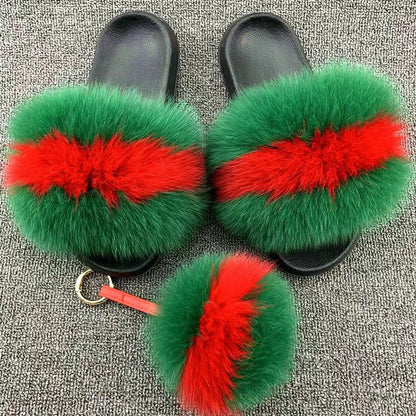Women Real Fox Fur Slippers Women Flat Non-slip Fashion Fur Slides
