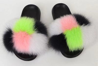 Women Real Fox Fur Slippers Women Flat Non-slip Fashion Fur Slides