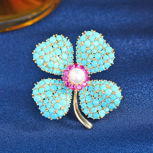 Blue Turquoise Lucky Four-leaf Flower Brooch