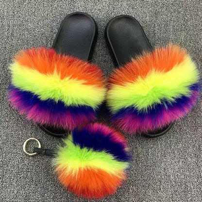 Women Real Fox Fur Slippers Women Flat Non-slip Fashion Fur Slides