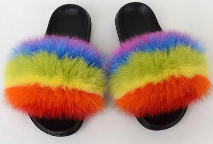Women Real Fox Fur Slippers Women Flat Non-slip Fashion Fur Slides