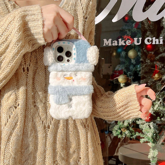 Plush Cute Snowman Gloves Earphones Hat Mobile Phone Case