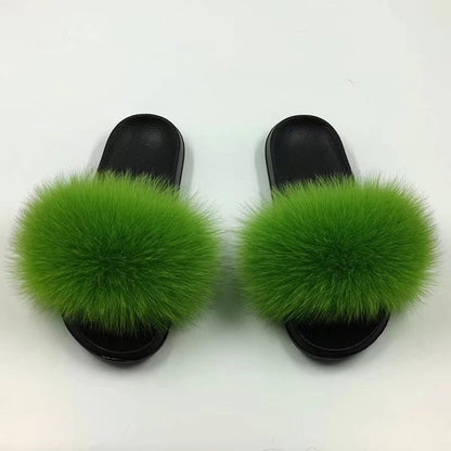 Women Real Fox Fur Slippers Women Flat Non-slip Fashion Fur Slides