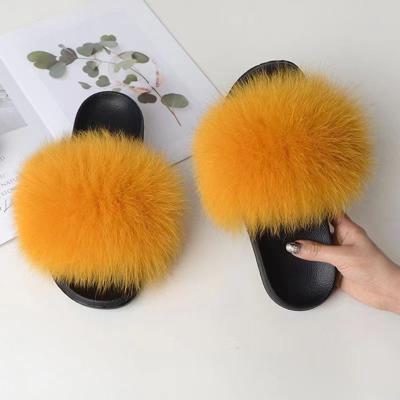 Women Real Fox Fur Slippers Women Flat Non-slip Fashion Fur Slides
