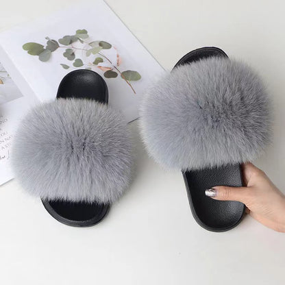 Women Real Fox Fur Slippers Women Flat Non-slip Fashion Fur Slides
