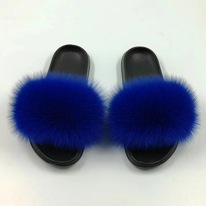 Women Real Fox Fur Slippers Women Flat Non-slip Fashion Fur Slides