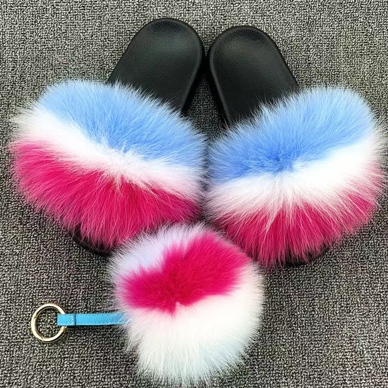 Women Real Fox Fur Slippers Women Flat Non-slip Fashion Fur Slides