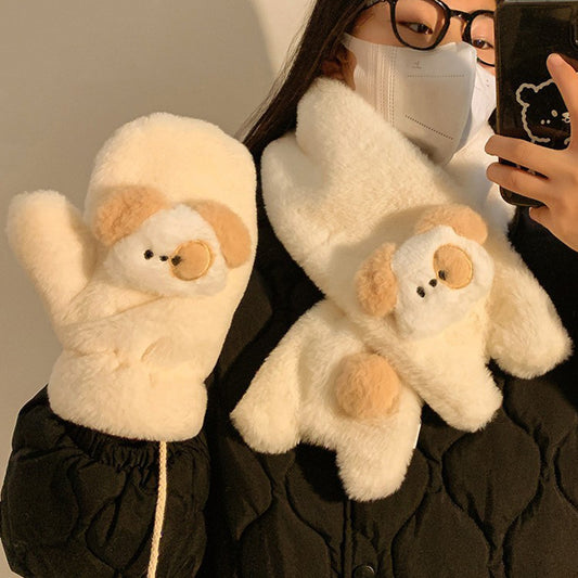 Cute Puppy Plush Scarf Short Cartoon Scarf Gloves
