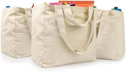 LAPOLAR Reusable Canvas Grocery Bags with Dual Handles, 3pc XL Set, Inner Pockets, Washable, Shrink Resistant, Heavy Duty, Foldable