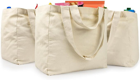 LAPOLAR Reusable Canvas Grocery Bags with Dual Handles, 3pc XL Set, Inner Pockets, Washable, Shrink Resistant, Heavy Duty, Foldable