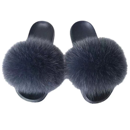 Women Real Fox Fur Slippers Women Flat Non-slip Fashion Fur Slides