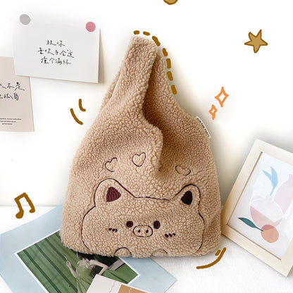 Plush Handbag Embroidered Lamb Wrist Bag