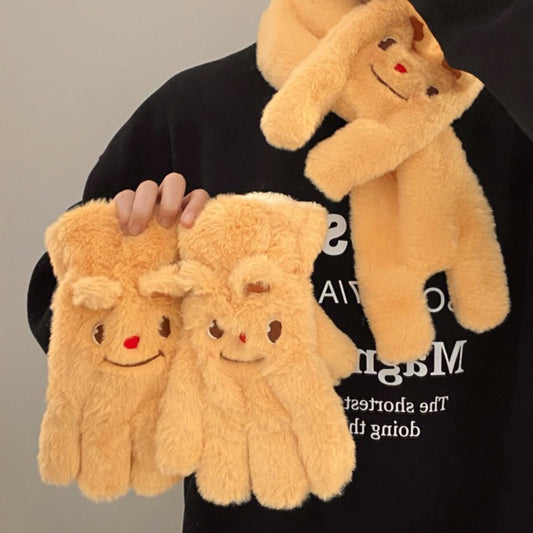 Cute Bear Half-Finger Flip Plush Gloves Scarf