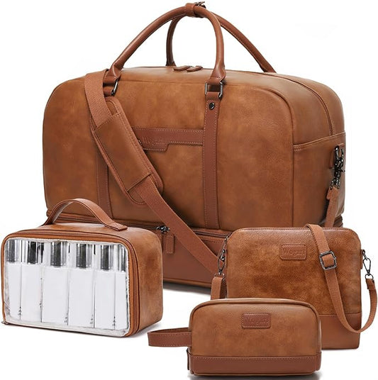 LAPOLAR Leather Travelling Bag Sets for Women Men Large Overnight Bag Travel Duffel Bag with Shoe Compartment Toiletry Satchel Bag Carry On Bag Fit 21" Laptop