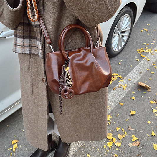 Wrinkled Tote Bag Waxed Leather Shoulder Crossbody Bag