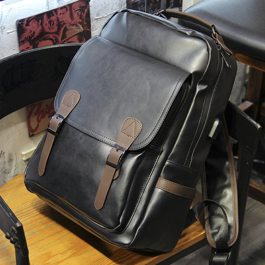 Leather Backpack USB Charging Men Business Backpack
