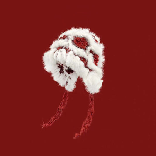Rabbit Fur Flower Knitted Plush Hat for Women in Autumn