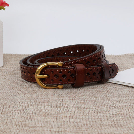 Top-Grain Cowhide Brown Retro Hollow Belt