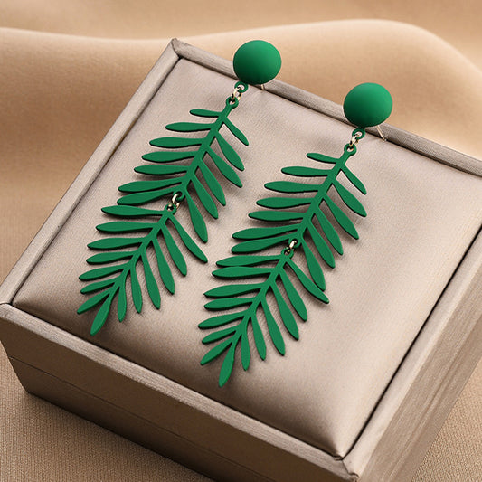 Silver Needle Korean Retro Green Leaf Earrings