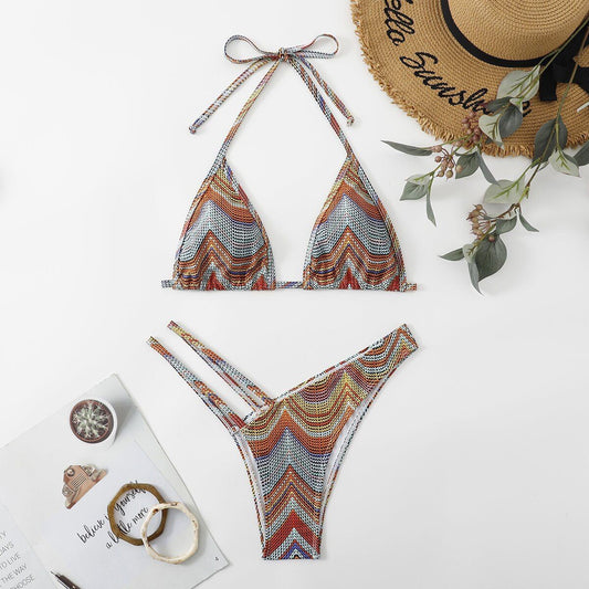 Striped Hollow Suspender Bikini Swimsuit