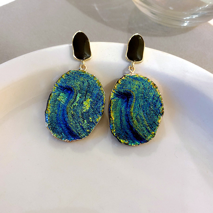Silver Needle Wrinkled Blue Metal Earrings