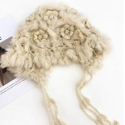 Rabbit Fur Flower Knitted Plush Hat for Women in Autumn