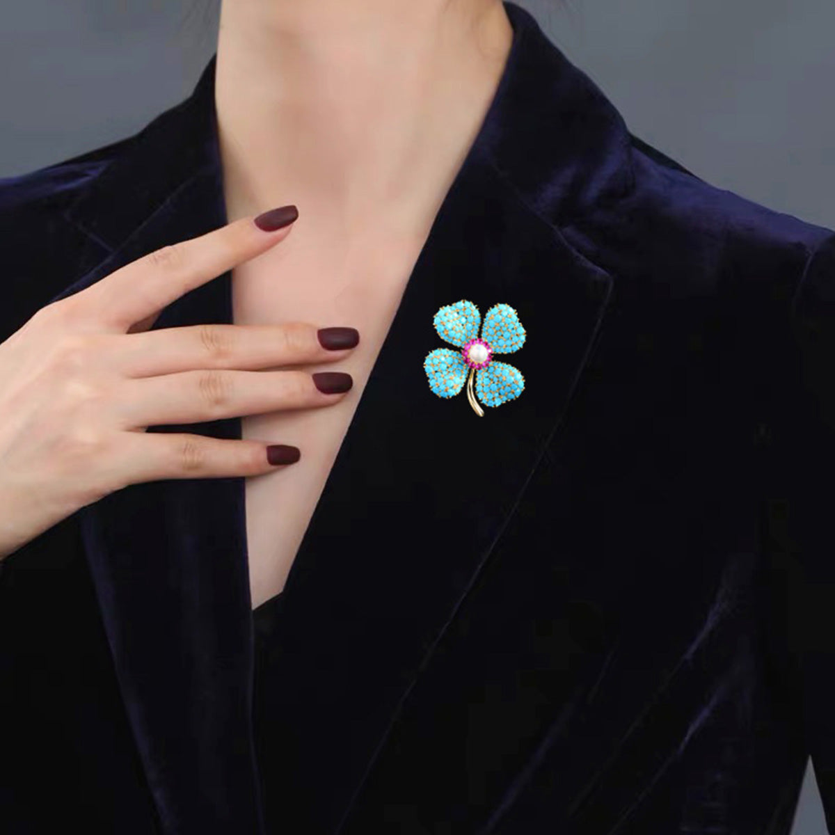 Blue Turquoise Lucky Four-leaf Flower Brooch