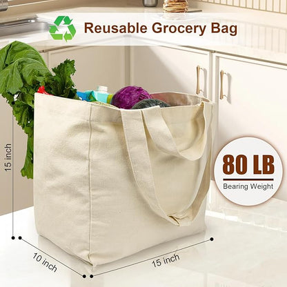 LAPOLAR Reusable Canvas Grocery Bags with Dual Handles, 3pc XL Set, Inner Pockets, Washable, Shrink Resistant, Heavy Duty, Foldable